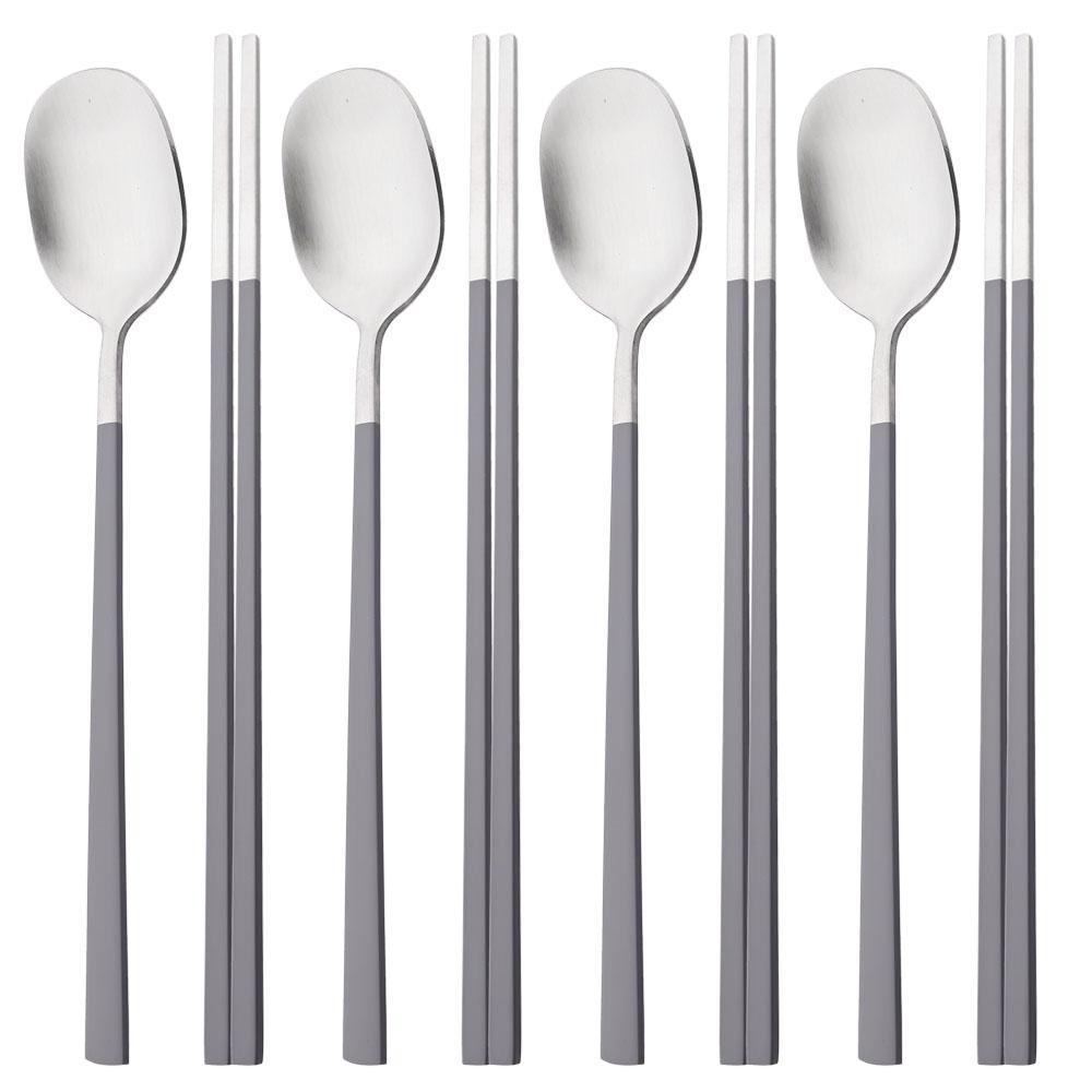 8Pcs Korean Dinnerware Set Silver High Quality Stainless Steel Flatware Set Matte Dinner Spoon Chopsticks Tableware Cutlery Set