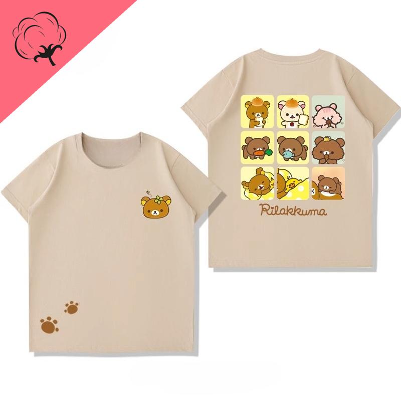 Anime Shirt Rilakkuma Cartoon Cotton Crewneck Casual Kawaii Unique Printed Tee Boy Girl Cute Style Camisa Y2k Clothes Women Tops