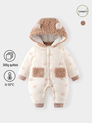Baby Bear Cotton Jumpsuit: Thick 300g Winter Padded Newborn Crawling Suit Class A