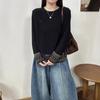 Solid Color Retro Distressed Crochet Appliqué Knit Sweater - Loose Round Neck Pullover for Women (Spring 2026)