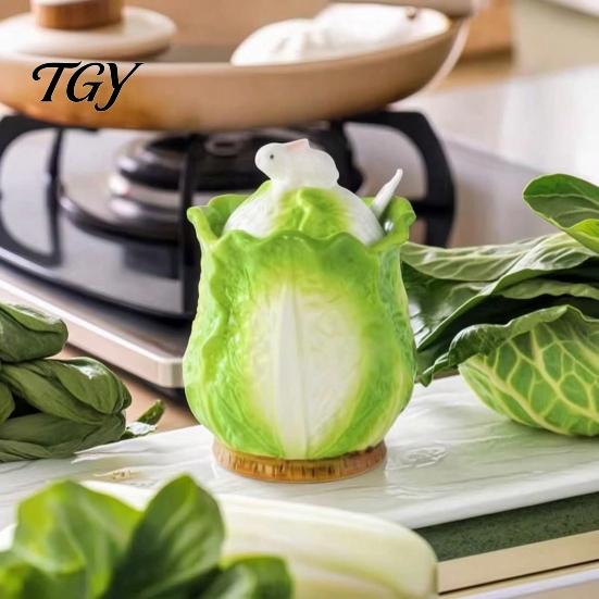 Novelty Vegetable Design Jar Ceramic Cabbage Shaped Lard with Lid Spoon, 350ml Kitchen Sealed Condiment Server for Restaurant Seasoning Container,