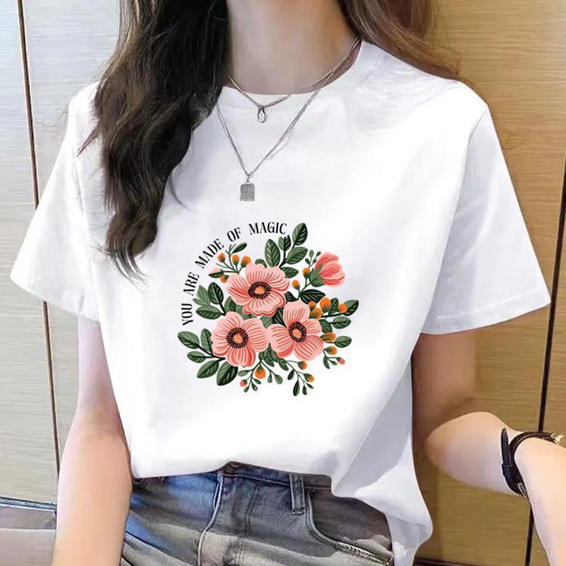 Korean Style Women's Floral Printed Short Sleeve T-Shirt, Round Neck, Casual Fashion for Youth