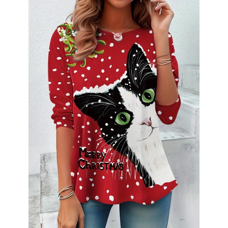 3D Printed Christmas Cute Cat Crew-Neck Long Sleeve T-Shirts Fashion Womens Clothing Casual Y2K Clothes Harajuku Female Clothing