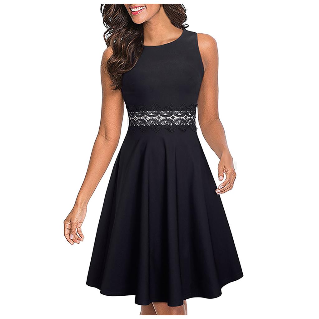 Petite robe élégante à la mode pour femmes, col rond, sans manches, imprimée en dentelle