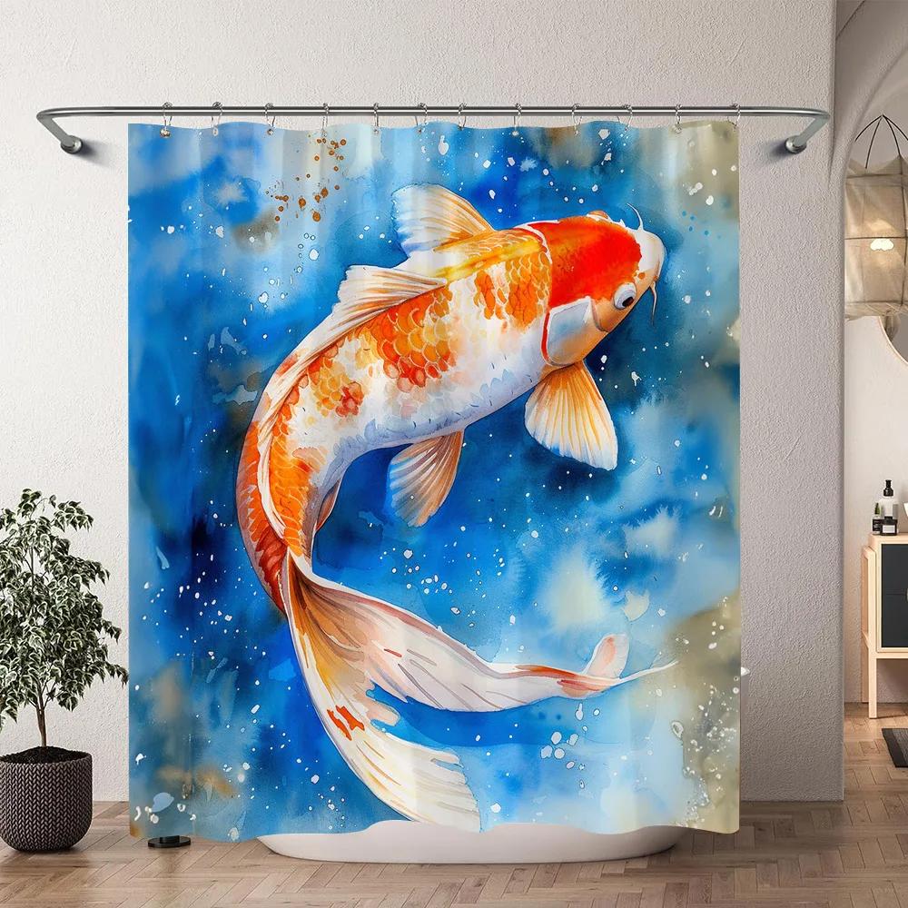 Chinese Japanese Koi Ink Painting Shower Curtain Red Cherry Blossom Wave Fish Watercolour Painting Bath Curtains Bathroom Decor