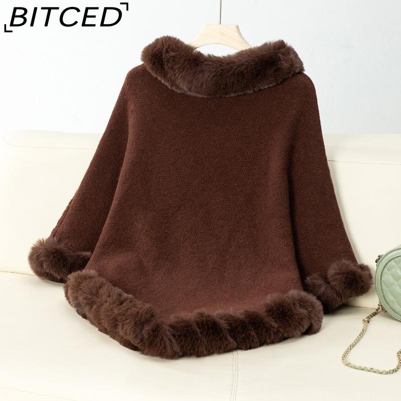BITCED Solid Colour Wool-Trimmed Pullover for Women Autumn/Winter Thick Vintage Check Knitted Cape Shawl