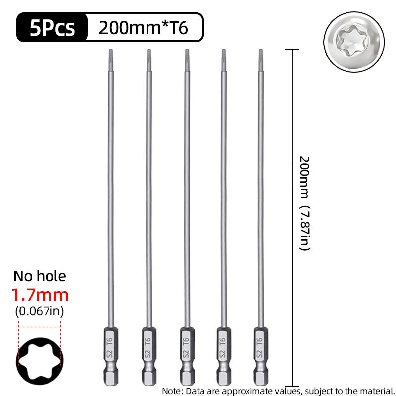 200mm Torx šroubovací bity Magnetické Dutá Hlava Květ Švestky Ocel S2 Bezpečnostní bit T6-T40 1/4'' Šestihranná Stopka Ruční Elektrické Nářadí