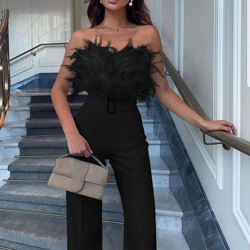 Women's Fashion Casual Feather Top Breast Sexy Sleeveless Jumpsuits