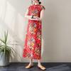 2024 Summer Retro Floral Cotton-Linen Cheongsam with Side Slit and Stand-Up Collar