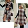 BITCED Women's Longline Blazer-Collar Sleeveless Knit Cardigan Check Jacquard Knitted Vest Outerwear Cardigan