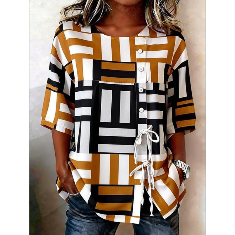 Women's Spring Summer 3D Printed Button Front Drawstring Minimal Commute Blouse, Wine Red Gray Speckle Square Print Top