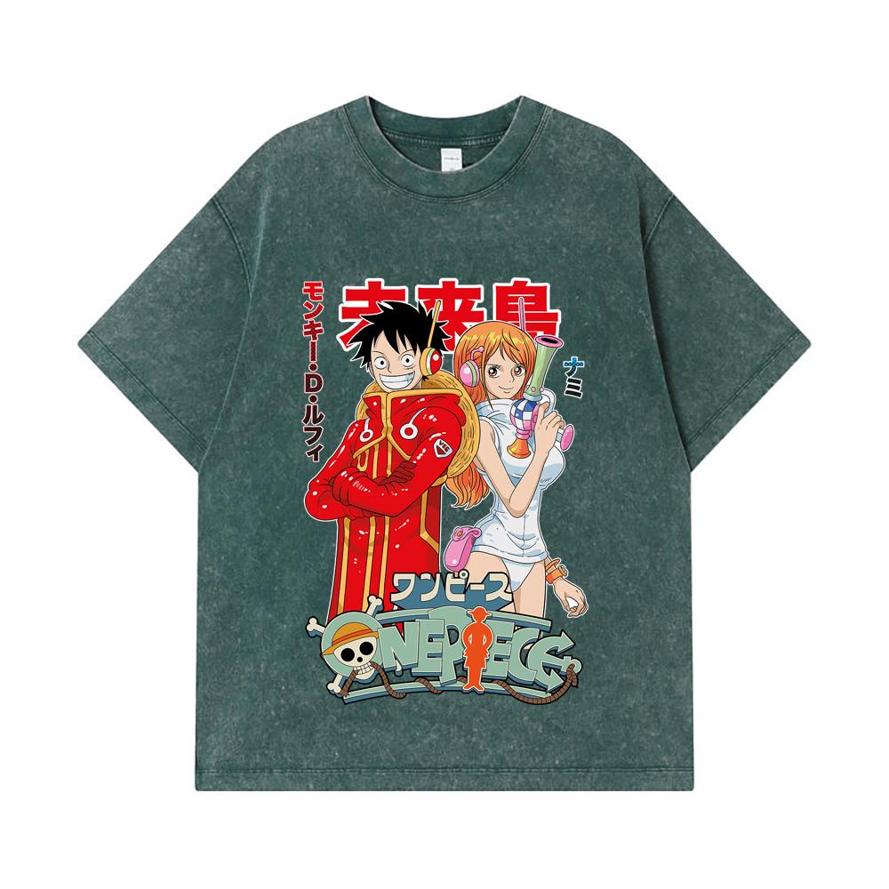 275 GSM Washed T-shirts 100% Cotton One Piece V71 Luffy Nami Egghead Print Unisex Heavy Cotton T Shirt