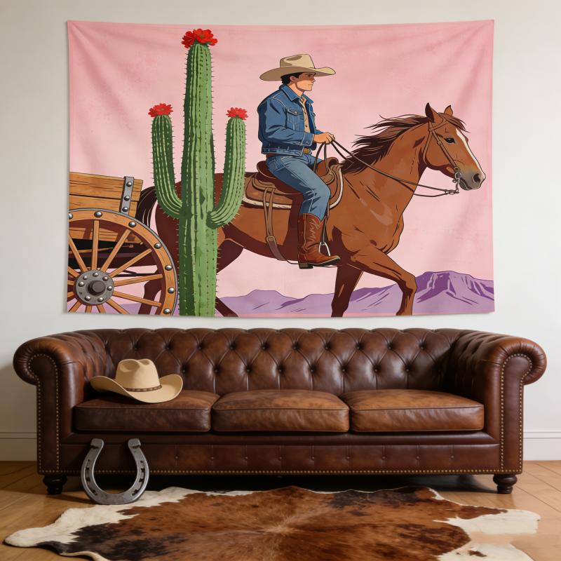 Western Cowboy Wall Tapestry, Horse Riding & Cactus Desert Art, Rustic Home Decor For Living Room & Bedroom