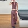 INCERUN Two Pieces Men Sleeveless Striped Cropped Waistcoat and Long Straight Pants Sets