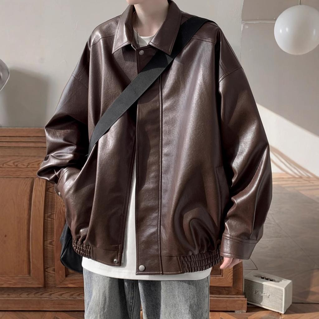 American retro leather jacket men's autumn and winter high sense ruffian handsome trendy brand casual loose pu leather lapel jacket