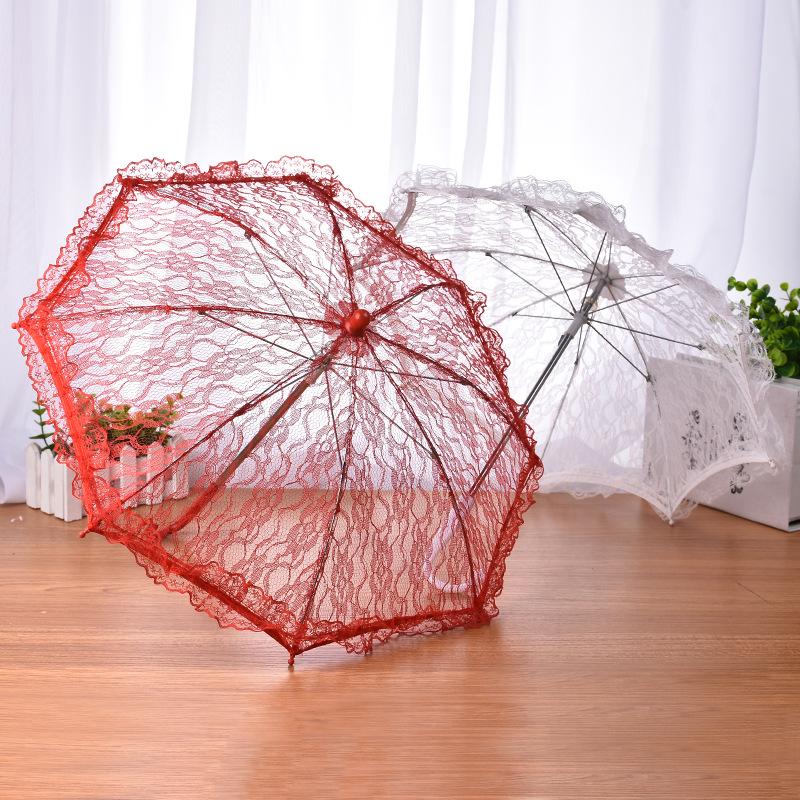 European White Lace Wedding Flower Girl Umbrella - Small Size with Stainless Steel Long Handle.