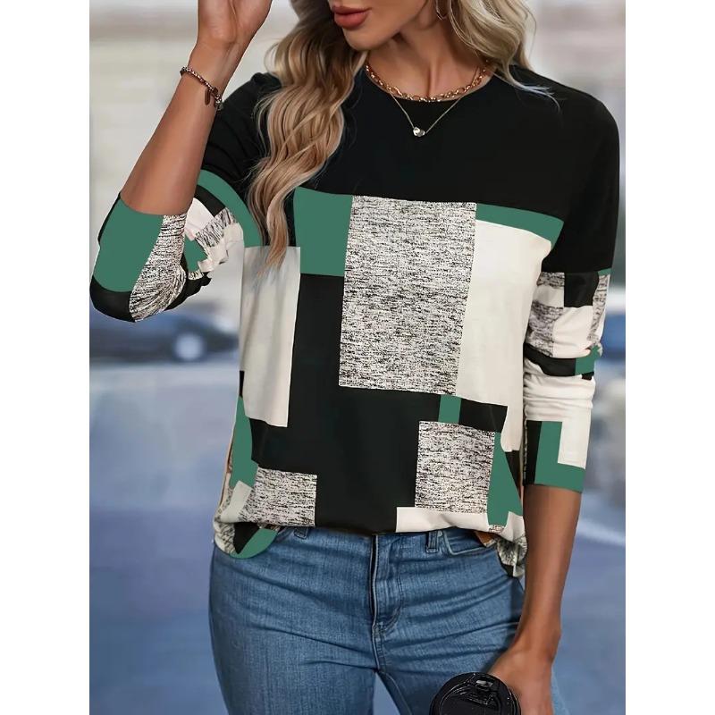 Geometric Color Block Top Women's Fashionable Contrasting Long Sleeved T-shirts