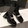 Fashion pearl flower buckle boots women thick high heels winter botas shoes japanned leather & knitting patchwork ankle botines female