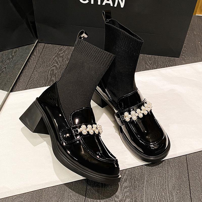 Fashion pearl flower buckle boots women thick high heels winter botas shoes japanned leather & knitting patchwork ankle botines female
