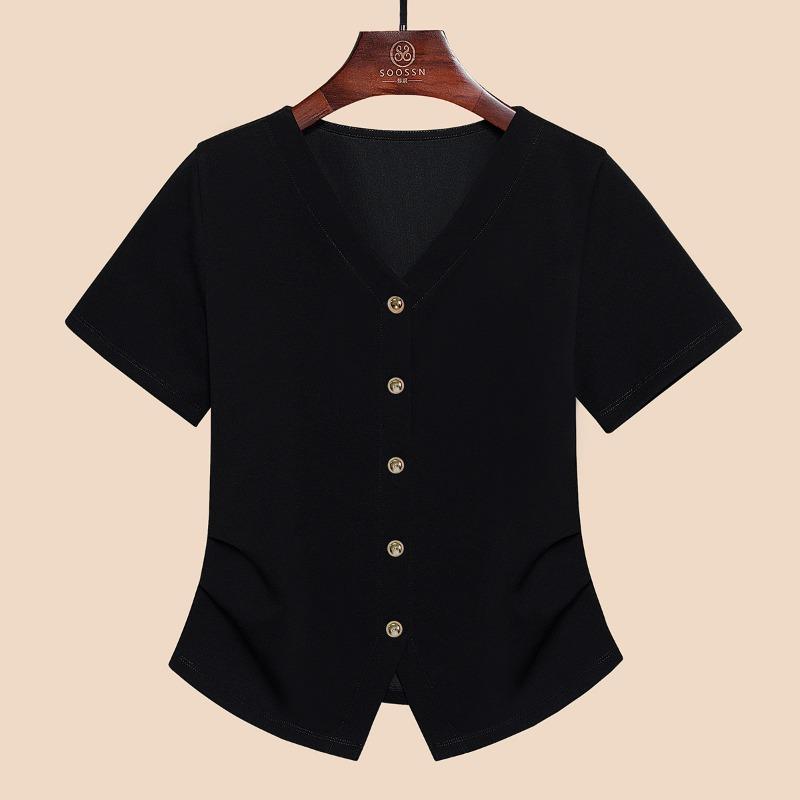 Summer new v-neck irregular hem split design sense niche versatile top white short-sleeved shirt women