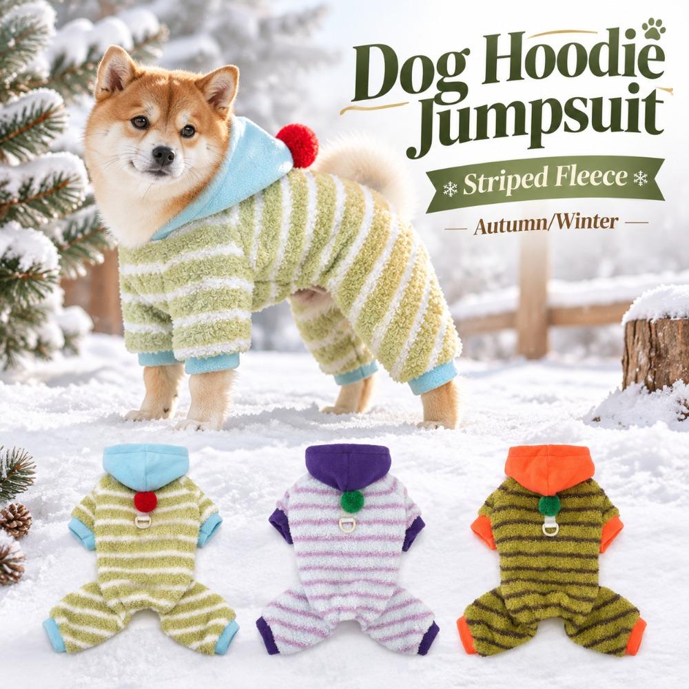 Warm Pet Four Legged Outfit Striped Fleece Dog Winter Clothes Cozy Dog Hoodie Jumpsuit Winter Walk