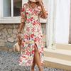 Button A-line Dress V-neck Floral Print Dress