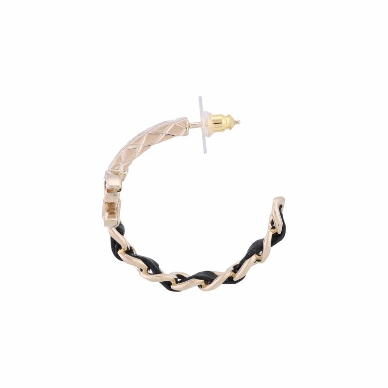 CHANEL Logo Metal Calfskin Rhinestone Earrings Women's Black/Gold