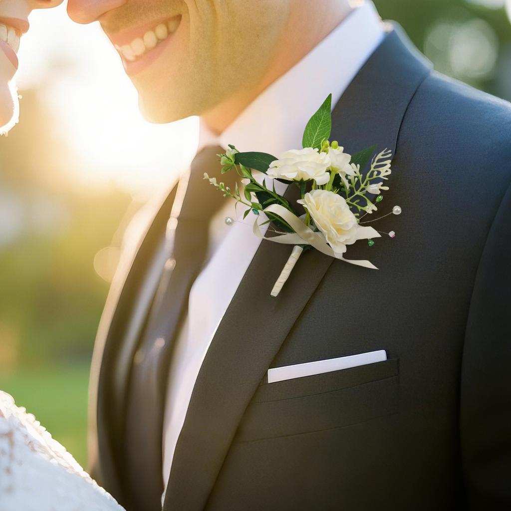 Uflower White Green Groom Groomsmen Boutonniere Set, Artificial Flowers for Wedding Prom Homecoming Anniversary Graduation