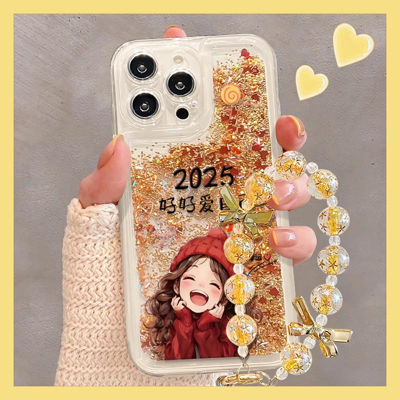 Lucky Girl Bracelet Stand, Suitable for Apple 16, Gold Sand Phone Case 15pro, Transparent Silicone 14 Full Cover 13