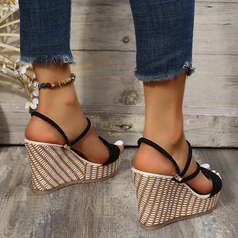 Classic Black Wedge Sandals for Womens Summer Sexy Open Toe Platform Ankle Buckle Slingback Shoe Luxury Comfort Sandalias