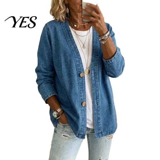 Flexible Fit Women Outerwear Women s Button Front Faux Denim Jacket, V Neck Long Spring Jacket Sleeve Casual Coat, Vintage Loose Imitation Jeans M
