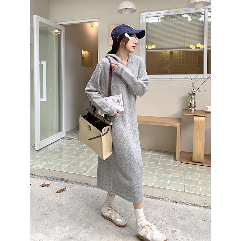 Women's Loose Hooded Knit Dress - Long-Sleeved, Autumn/Winter Style, Ideal as Inner Layer with Coat