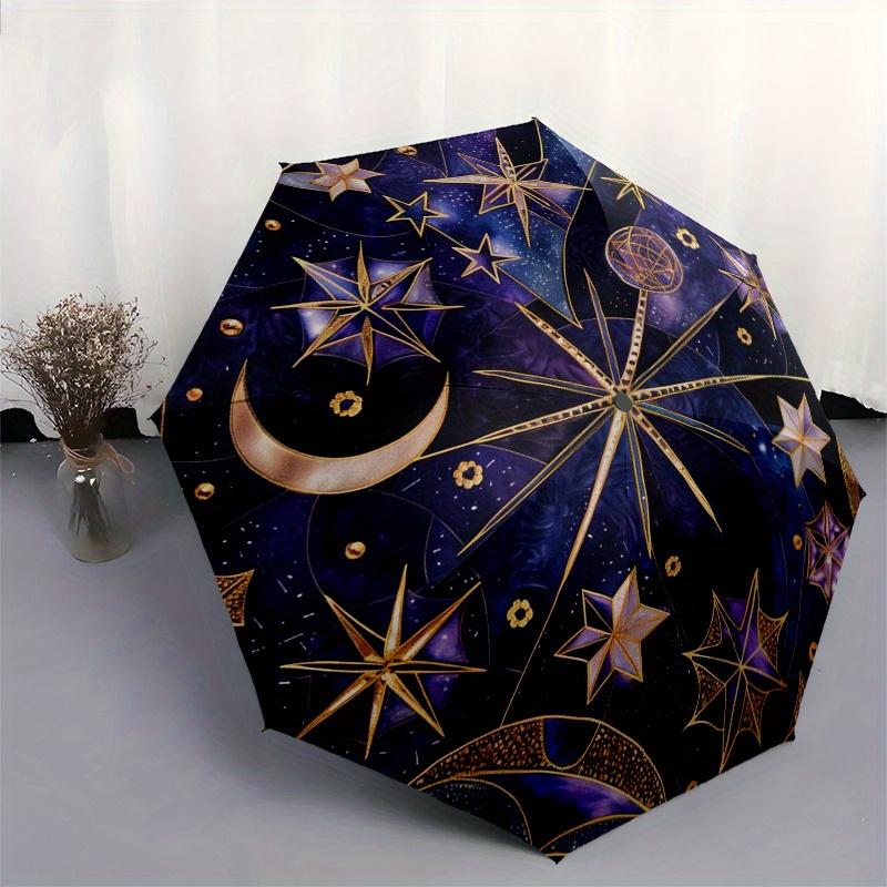 Celestial Stars Moon Round Tablecloth Space ThemeDecorative CoverUmbrella, Portable 3-Fold Compact Umbrella for Men & Women Gift