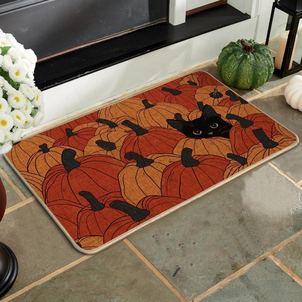 Black Cat Pumpkin Autumn Doormat, Autumn Home Decor Doormat, Entryway Rug, Floor Mat Home Decor