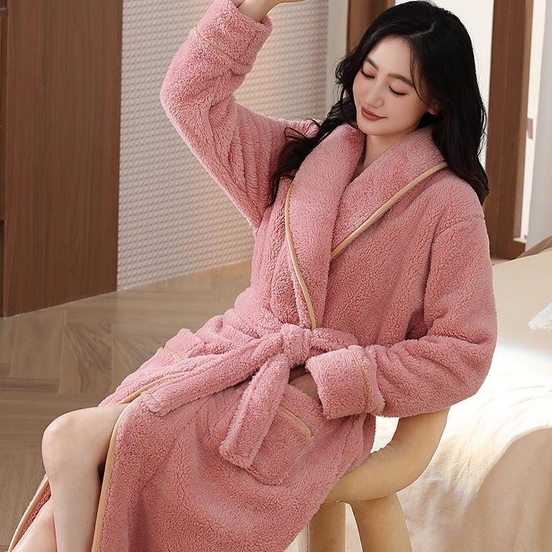 Women's Coral Fleece Long Bathrobe - 2025 Autumn/Winter, Warm & Simple Solid Color Homewear