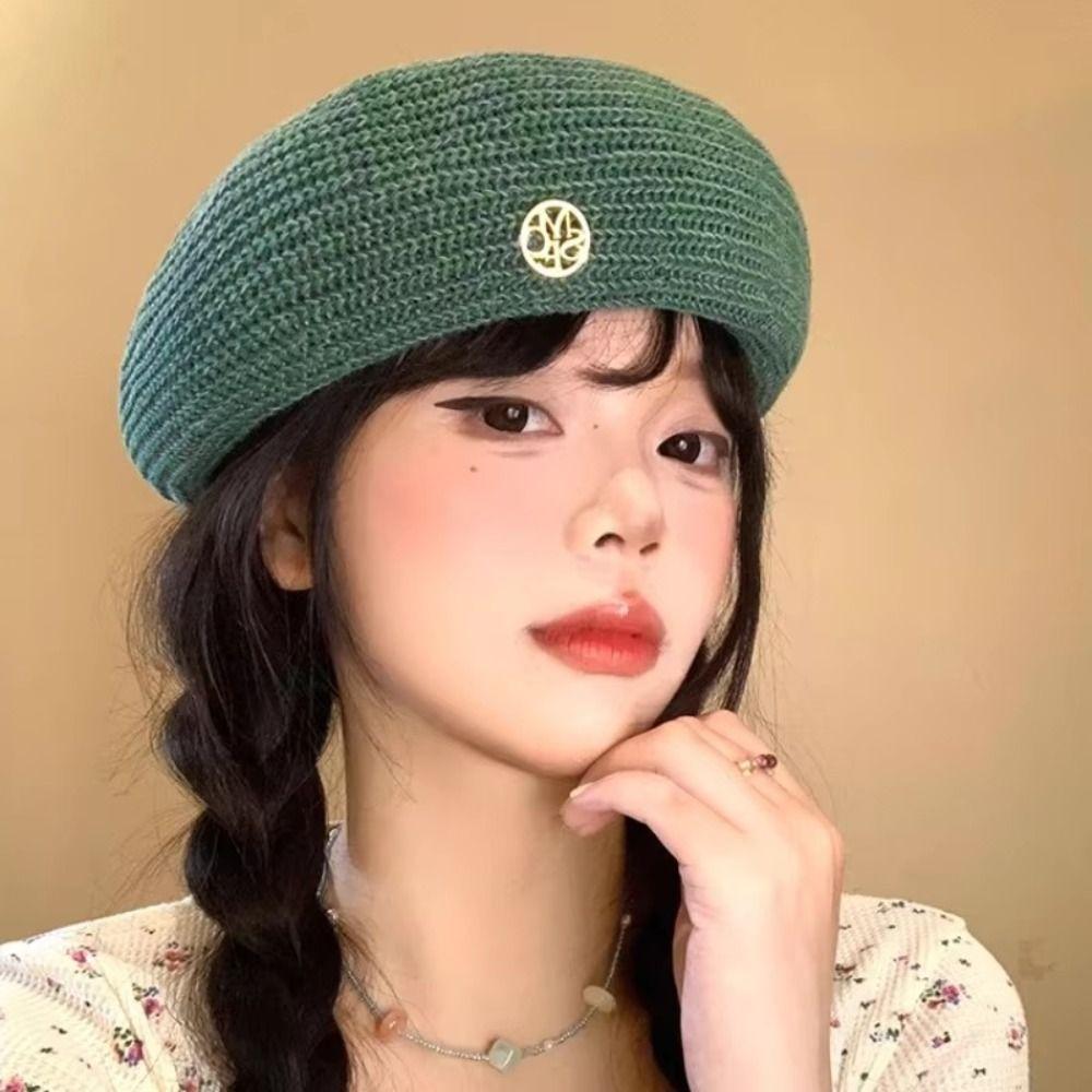 Y2k Painter Berets Thin Beanie Cap Retro Hollow Knitted Beret  Girls