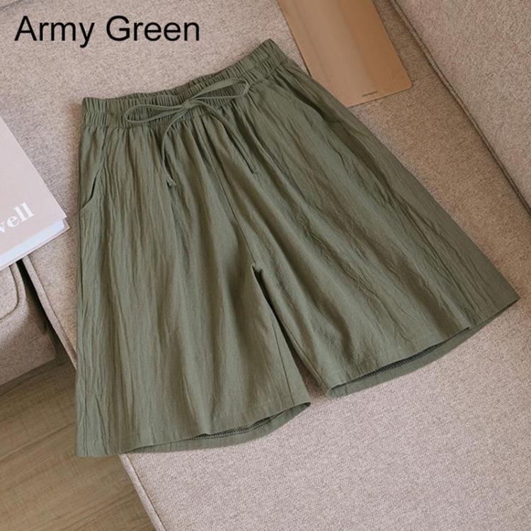 Women's Summer Casual Cotton Linen Shorts with Elastic Waist and Drawstring Comfortable Wide Leg Solid Color Beach Pants