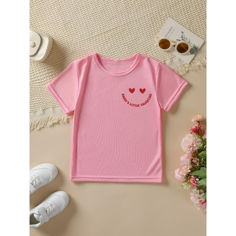 Mărimi europene Fete Modă de vară Tricou cu mânecă scurtă DADDYS LITTLE VALENTINE Imprimeu desen animat carouri și ochi de inimă Gât rotund casual