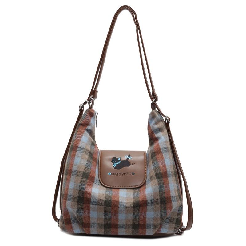 Cartoon puppy backpack bag women's new college plaid tote bag large-capacity shoulder bag