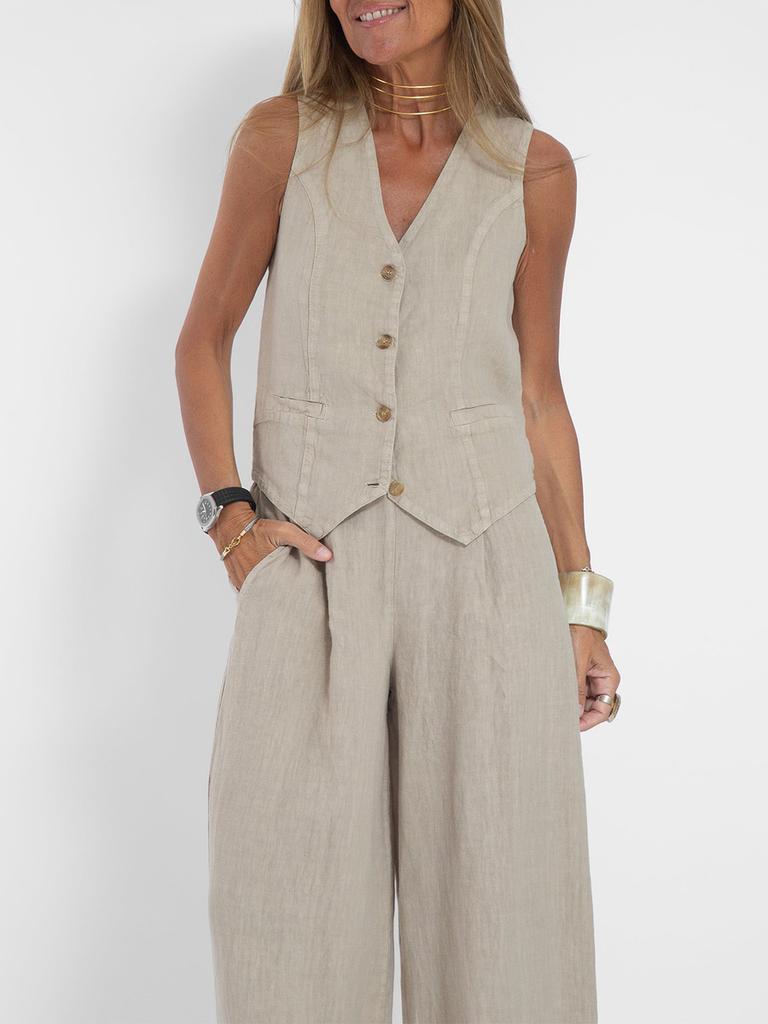Hot Selling New Fashion Vest Long Pants Patchwork Cotton Linen Casual Set