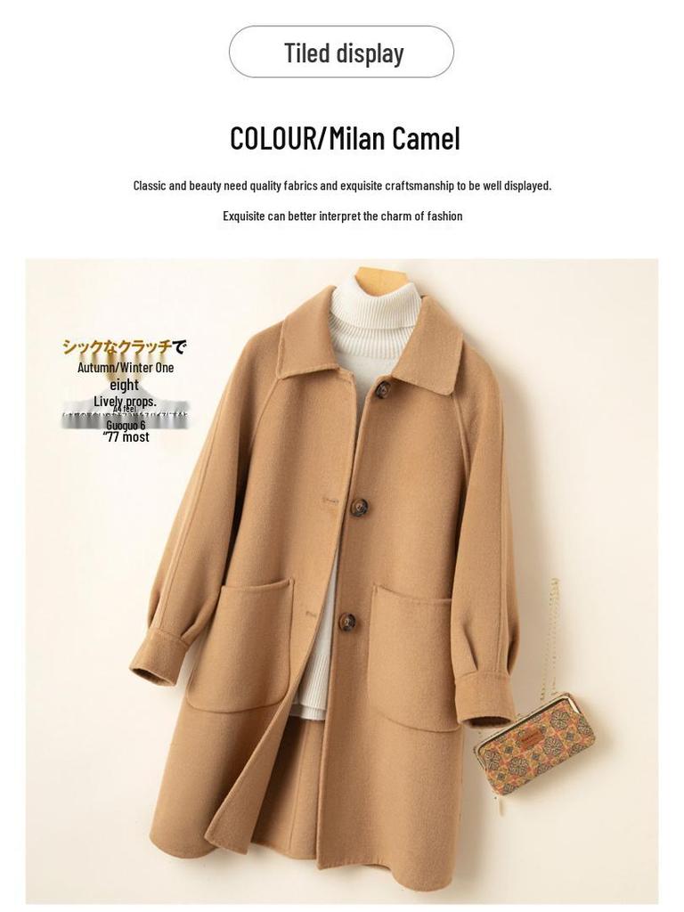 Dámský kašmírový kabát střední délky oboustranný na podzim/zimu - Petite, Čistě ručně šitý, Celovlněný, Zesílený design