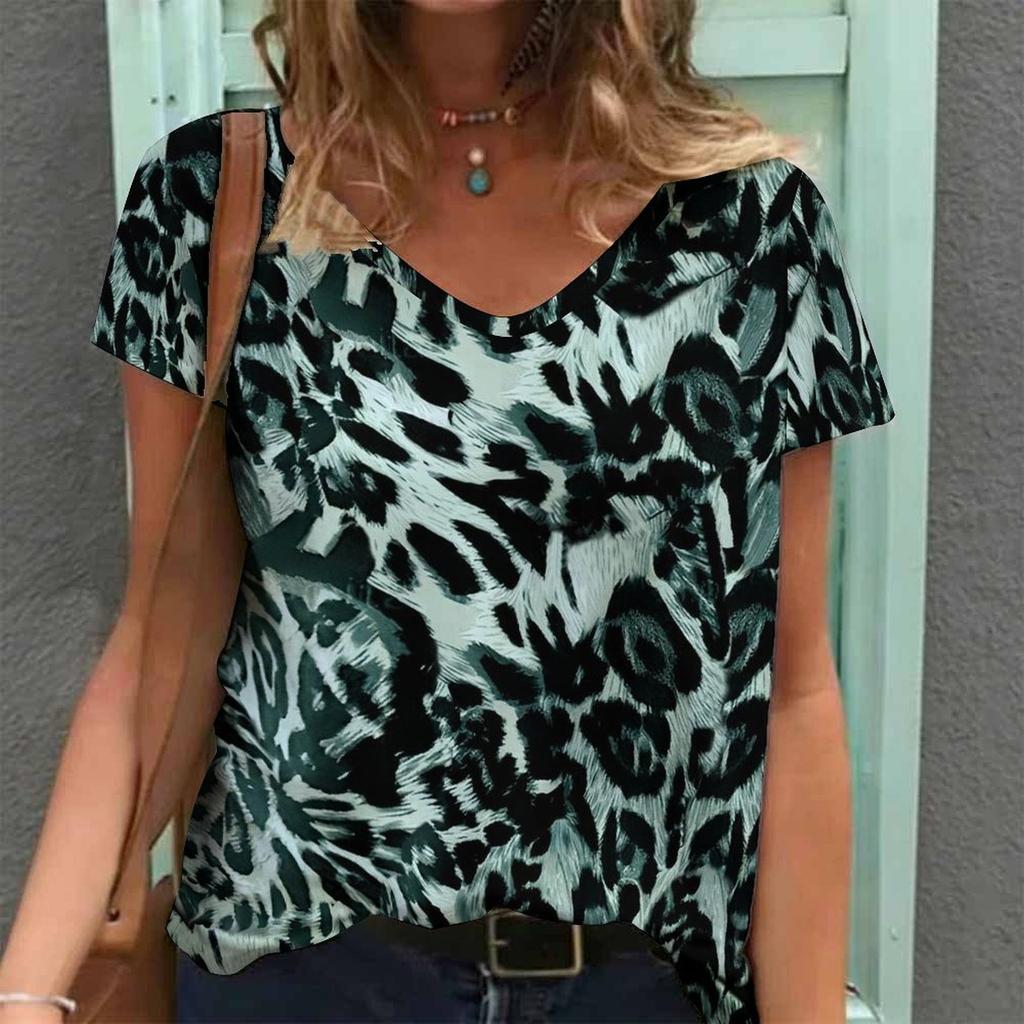 Women Print V Neck Short Sleeve Casual Loose Tunic Tops