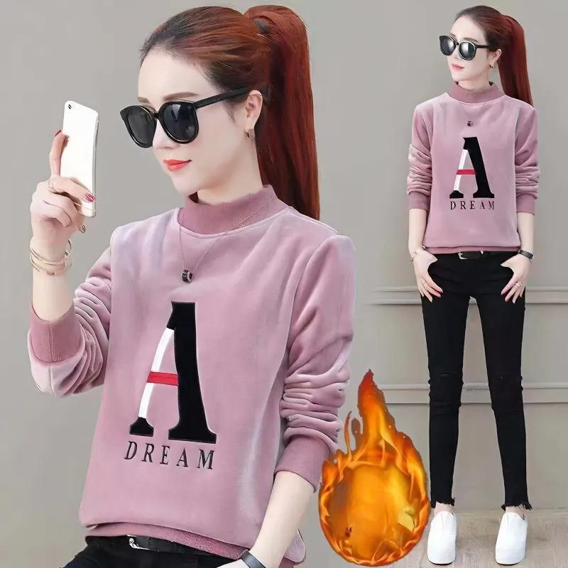 

Sweater Women s Autumn and Winter Loose Gold Velvet Half-high Collar Bottoming Top Plus Velvet Thickening S