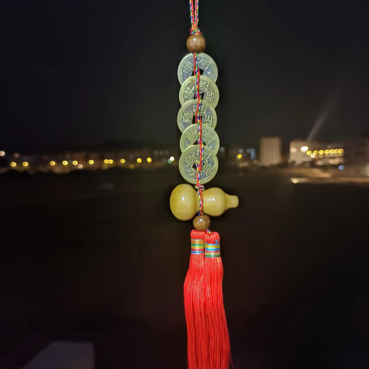7cm Copper Gourd with Five Emperors Coins, Gold-Edged Knot, and Peach Wood Hanging Ornament.