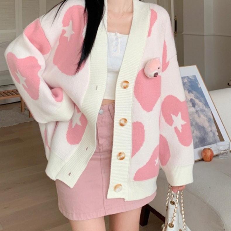 Women's Korean Style Bear Design Color Block Knit Cardigan - Soft, Loose, and Slimming for Autumn and Winter