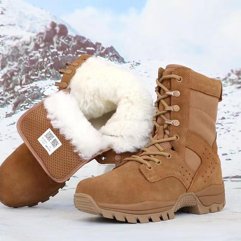Men's Genuine Brown Leather Waterproof Combat Training Boots with Side Zipper - Sand Color for Outdoor, Mountaineering, and Desert Use.