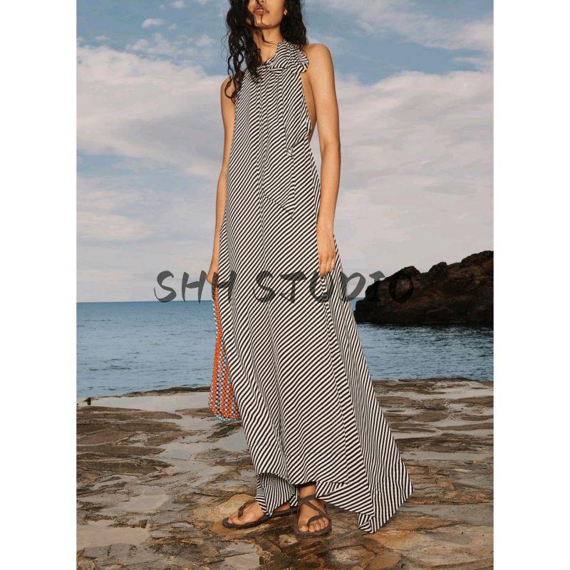 Summer New Product Women's Clothes Bowknot Decoration Elegant Stripes Hanging Collar Open Back Long A- line Dress 3828717