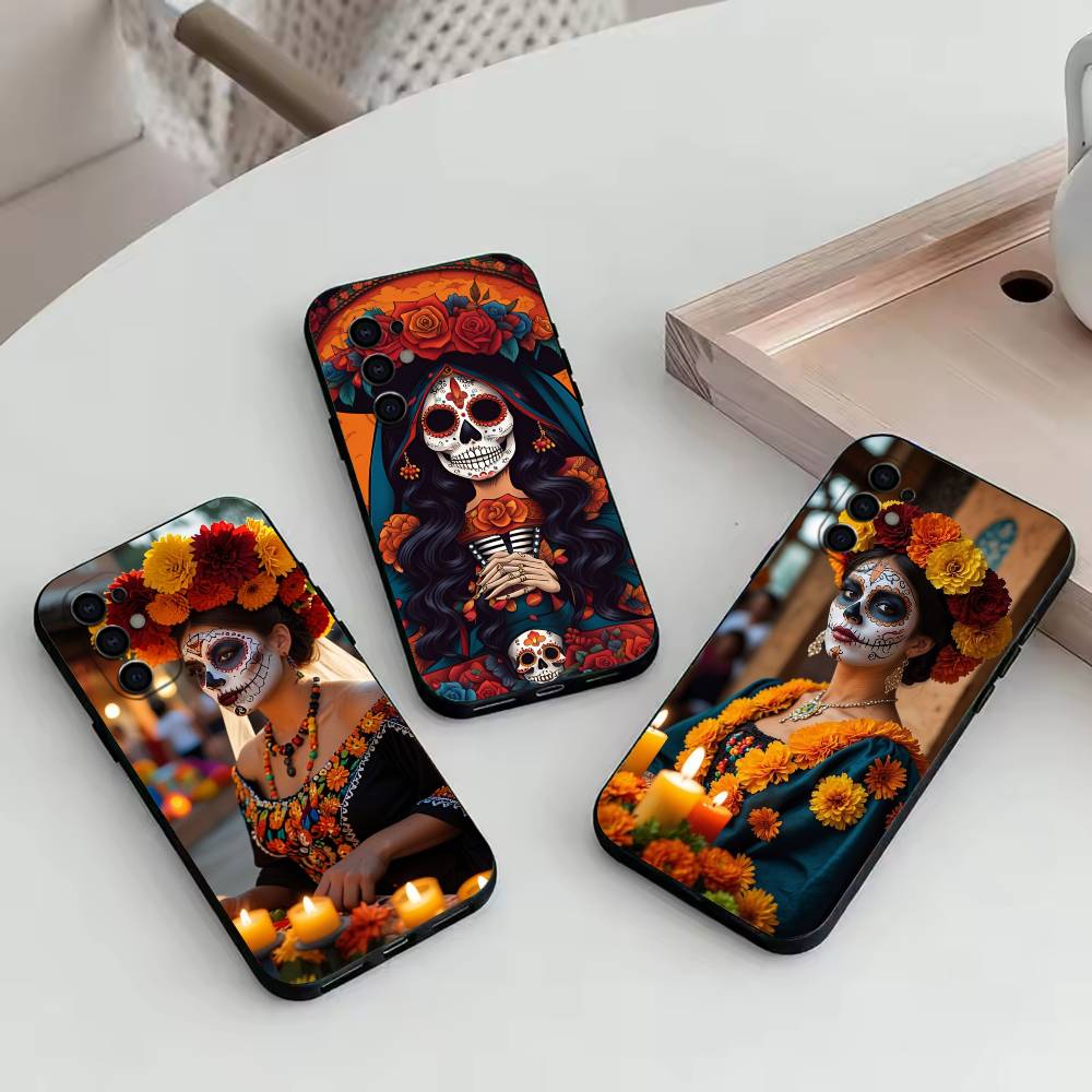 Day of the Dead Skull Phone Case For Samsung S25,S24,S21,S22,S23,S30,Ultra,S20,Plus,Fe,Lite,Note,10,Black Cover