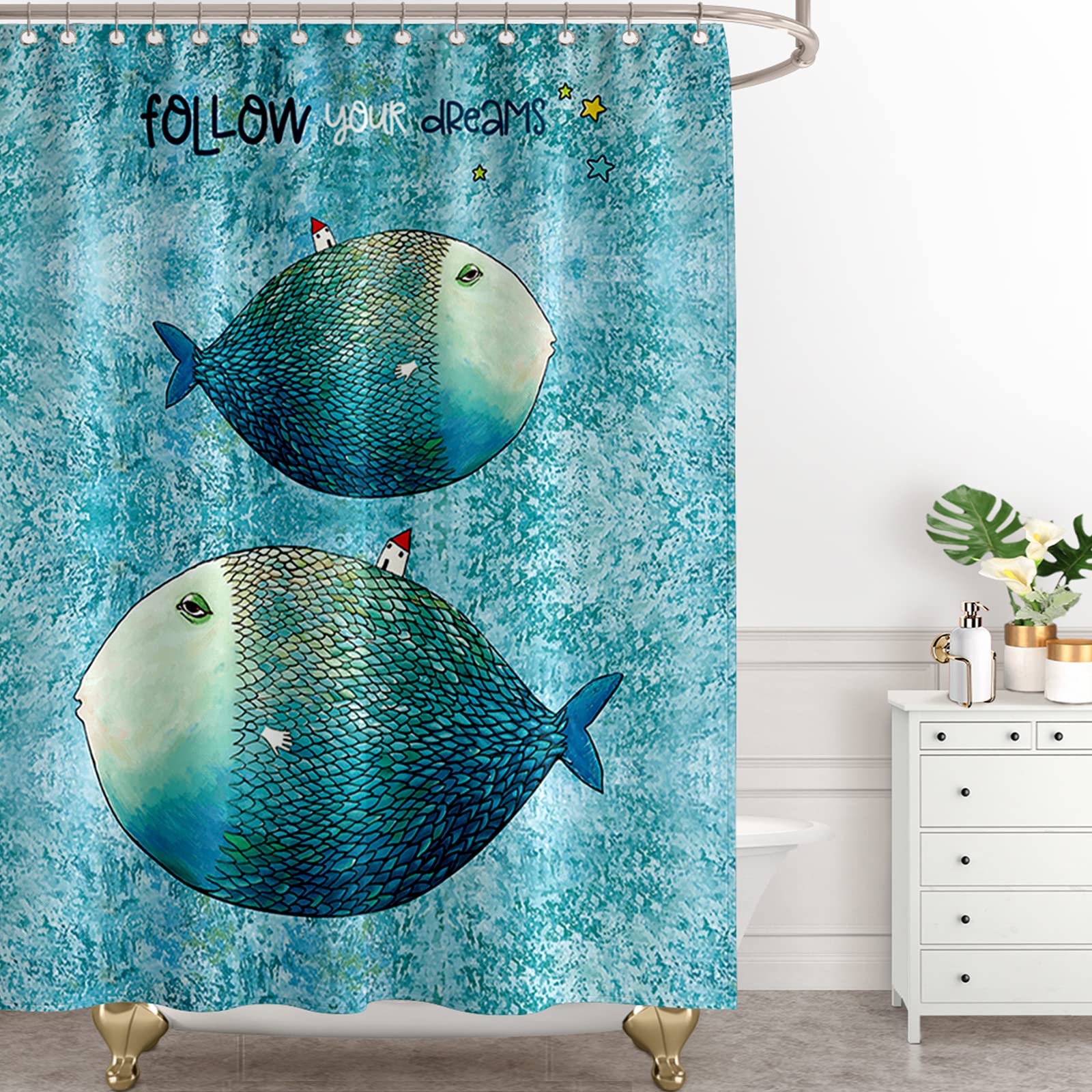 

Carp Cartoon Lake Fish Shower Curtain Blue Vintage Fishes Shower Curtains Bathroom Home Decor Sets Polyester Fabric With Hooks W60H190(CM)-1 Pcs