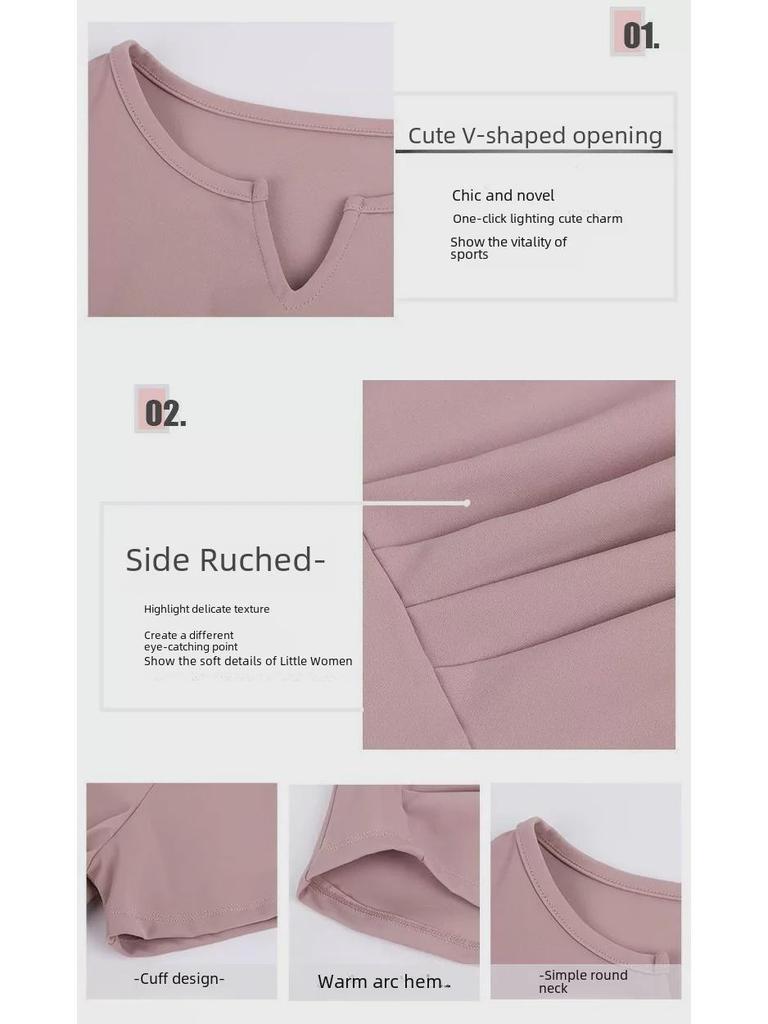 Women's Slim Fit V-Neck Yoga Outfit - Quick-Dry Pleated Short-Sleeve T-Shirt for Pilates, Fitness, and Running.